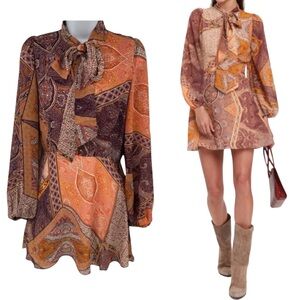 Revolve x Divine Heritage Orchid Mini Dress Long Sleeves Neck Tie XS New